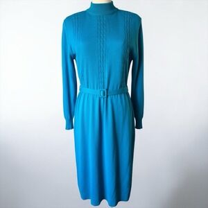 Vintage Ciao Wool Sweater Dress Belted Turquoise Mock Neck 12